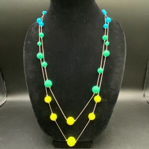 Silver Tone Yellow Green & Blue Beaded Double Strand Necklace